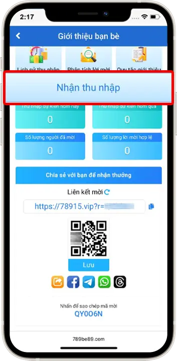 Bước 2: Tại mục giới thiệu bạn bè chọn mục NHẬN THU NHẬP.
